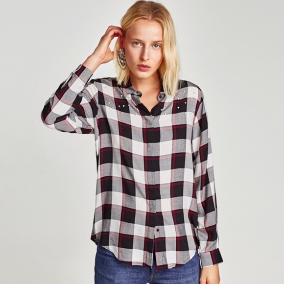 Zara | Tops | Zara Plaid Pearls Button 